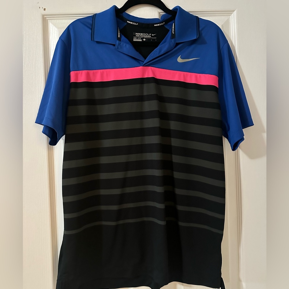 Nike Men's Golf Performance Blue and Black Striped Polo Shirt